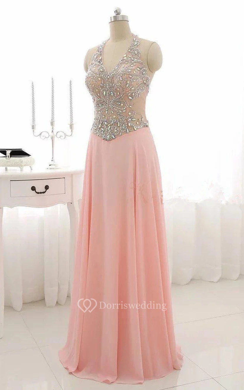 Floor-length Halter Backless Chiffon Dress With Beading view 2