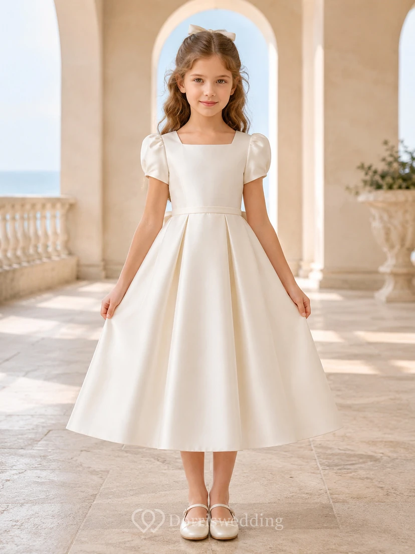 A-Line Quiet Luxury Flower Girl Dress with Puff Sleeves, Smooth Satin Bodice, Tea-Length Skirt, Rear Bow, Quiet Formal Style