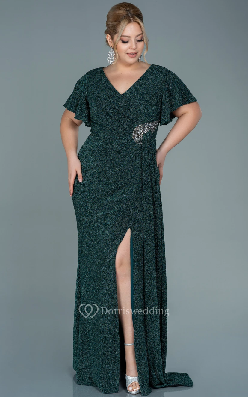 Poet-sleeve V-neck Sequin Ruched Slit Front Plus Size Evening Dress view 5