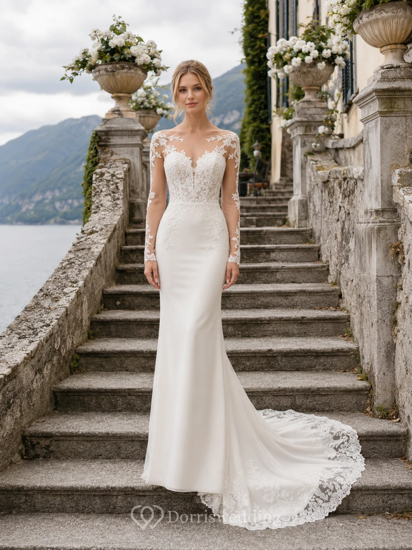 Robe de mariée sirène en crêpe à manches longues et dentelle illusion bateau, style modeste, pour une destination de mariage.