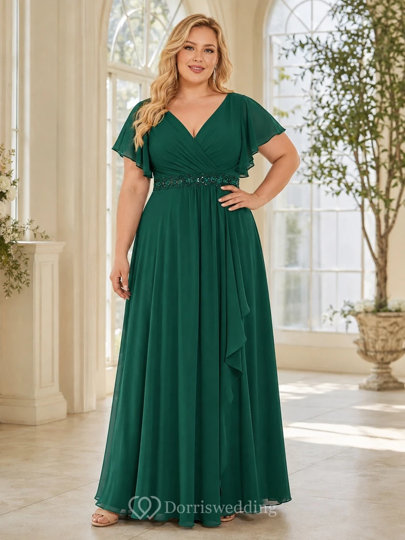 Vestido formal de gasa de corte A, talla grande, cuello en V, manga corta, color verde oscuro