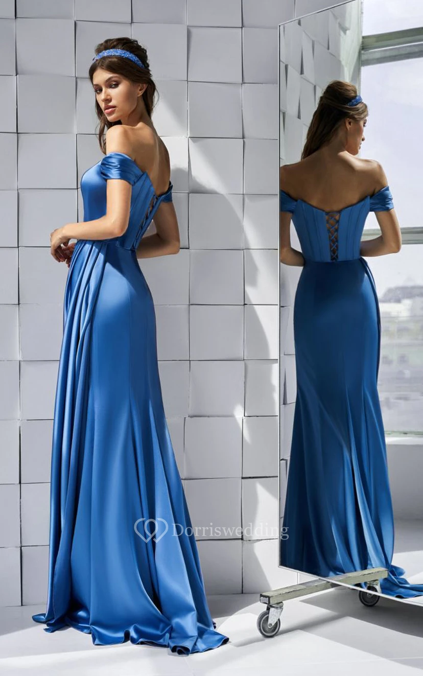Elegantes schulterfreies Partykleid aus Satin mit Schlitz vorne und Korsettrücken view 4