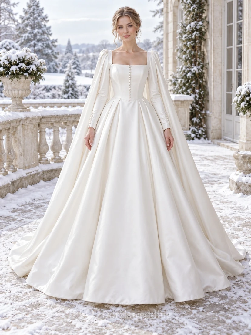 Vestido de novia sencillo de satén con cuello cuadrado, manga larga y botones, estilo princesa de invierno.