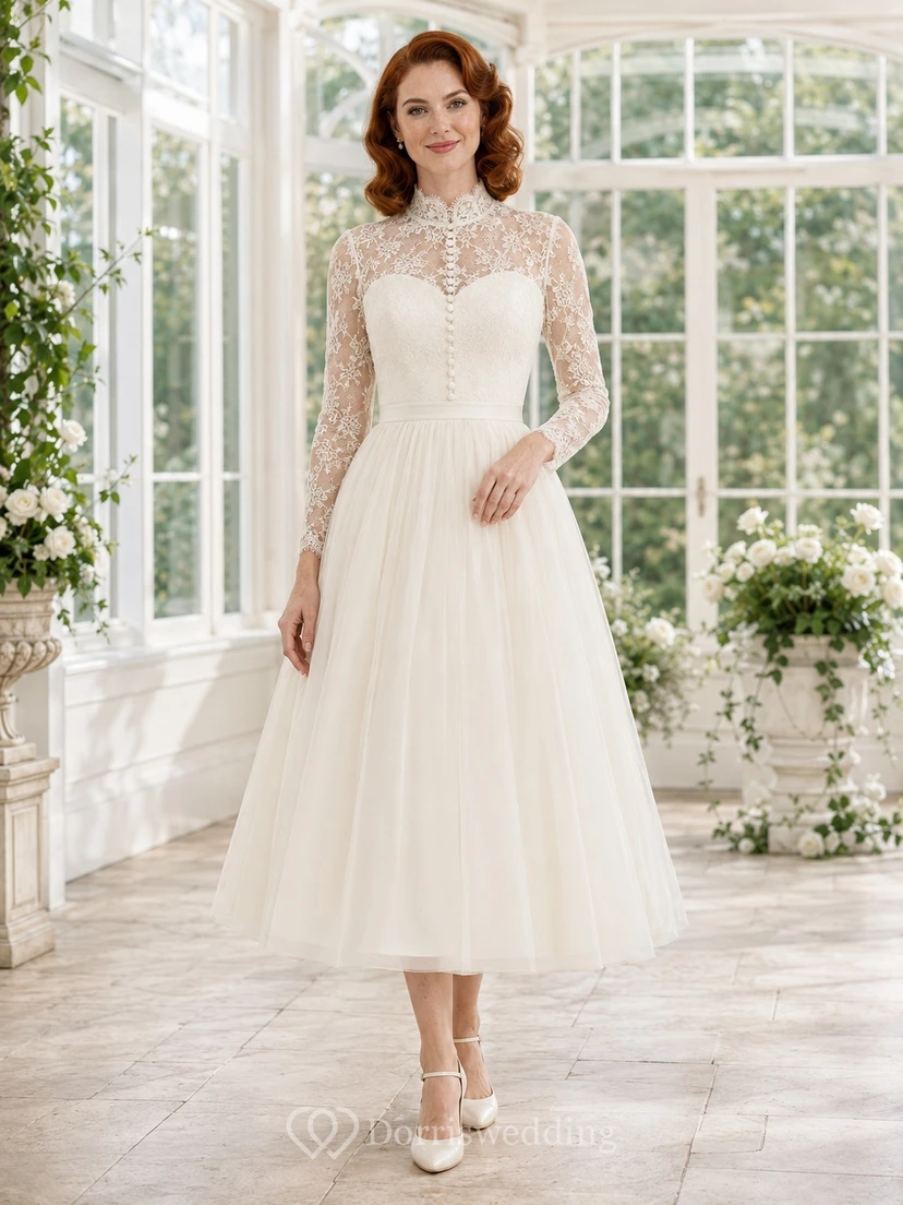 Vintage Teelänge, hochgeschlossen, langärmelig, aus Spitze und Tüll, A-Linie, schlichtes Brautkleid