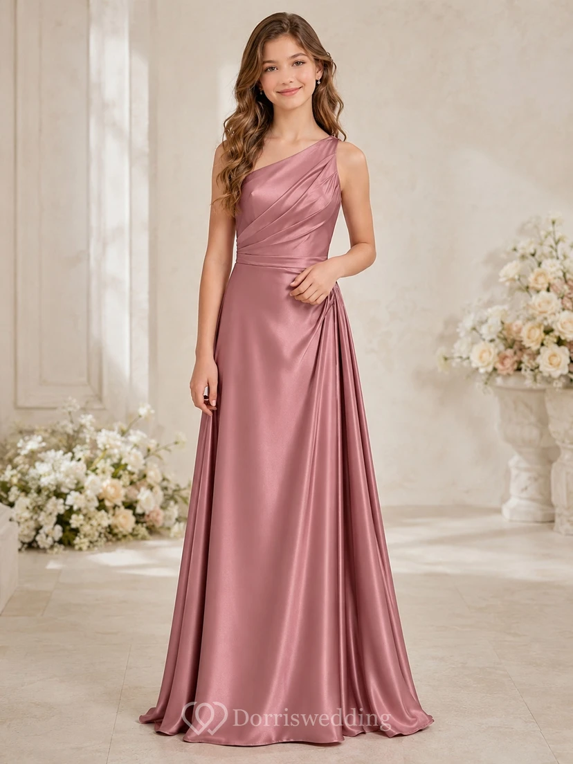 Vestido de dama de honor juvenil color rosa empolvado, corte en A, un solo hombro, sin mangas, charmeuse elegante