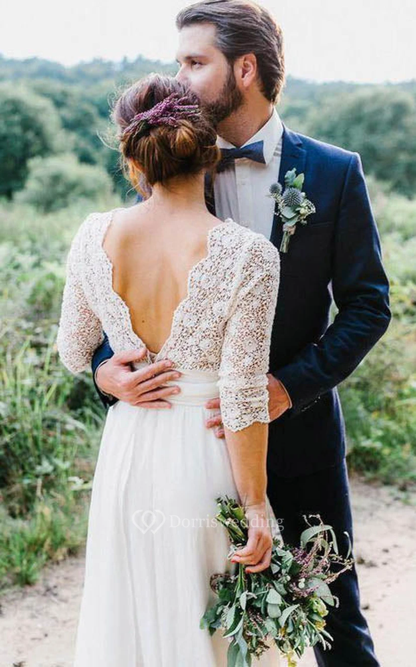 Vestido de novia sencillo de gasa con escote en V y manga larga hasta el suelo, estilo imperio. view 2