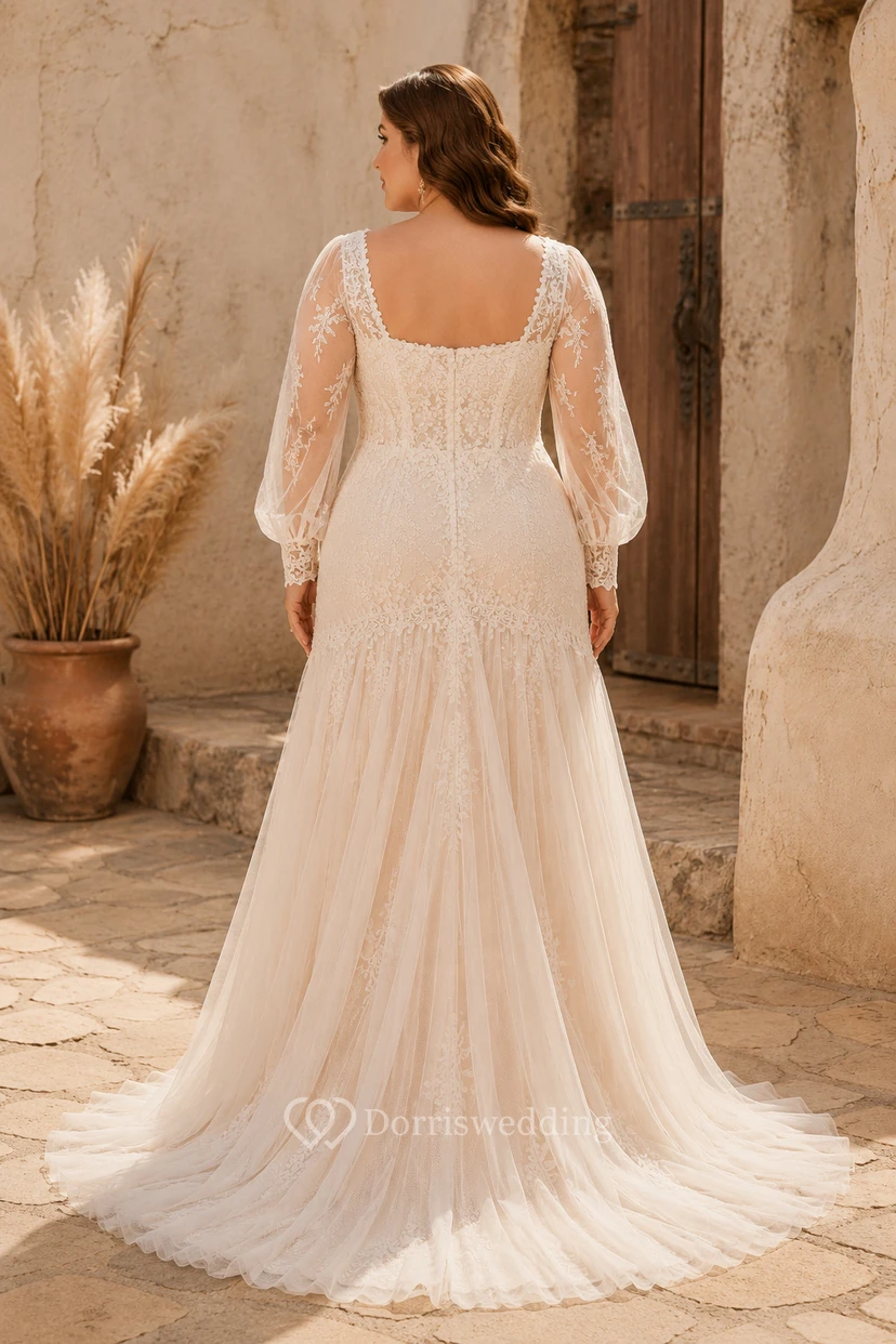 Plus Size Hochzeitskleid mit eckigem Ausschnitt und langen Ärmeln view 2