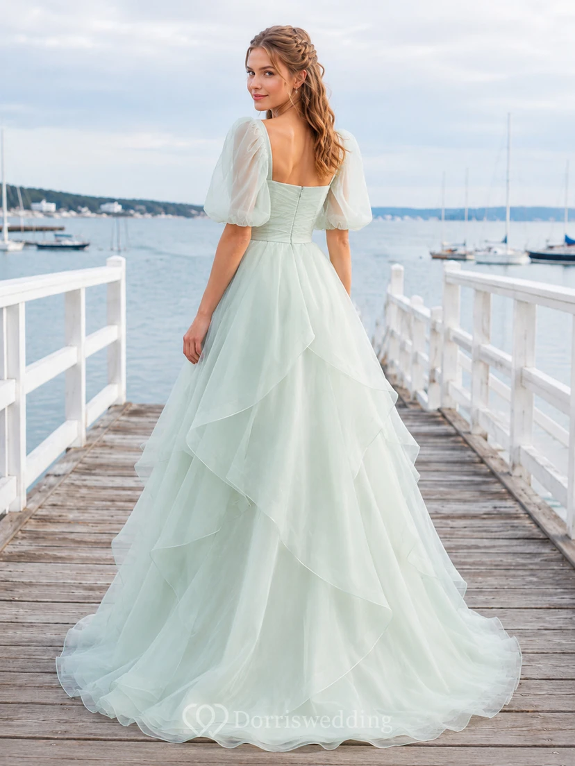 Mint Green Square Neck Puff Sleeve Layered Organza A-Line Wedding Dress view 2