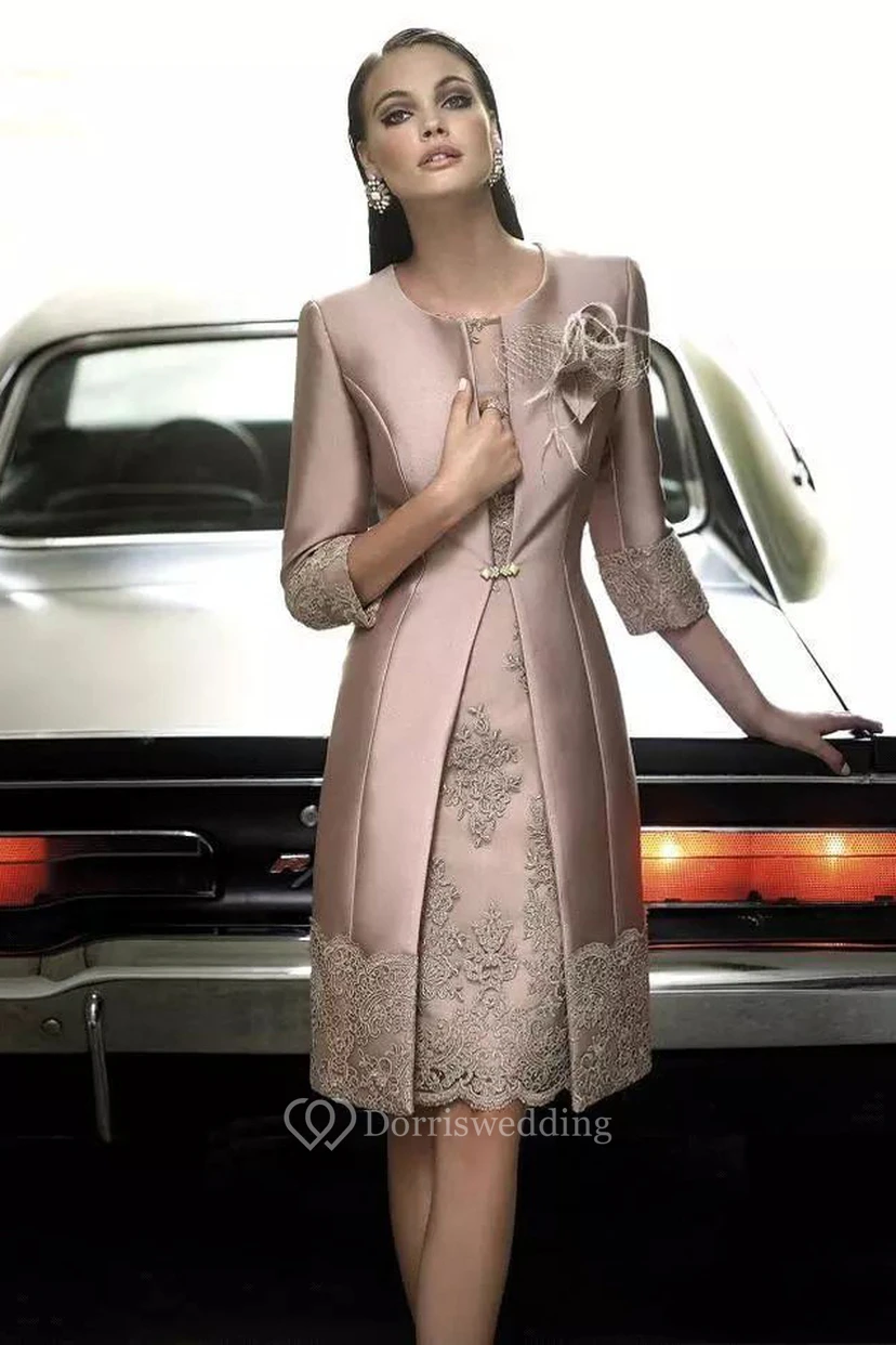 Jewel A-line Knee-length 3-4 Length Sleeve Satin Mother of the Bride Dress with Zipper Back
