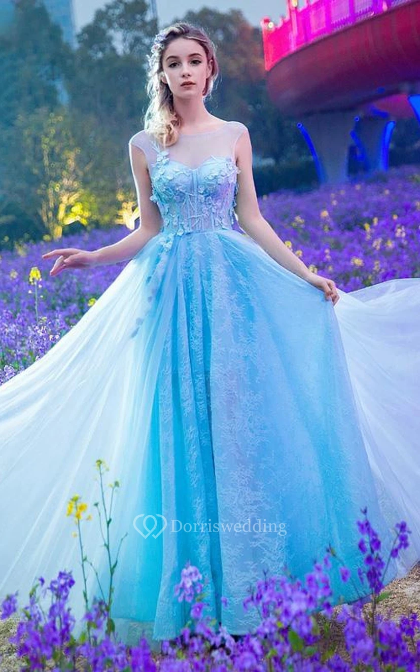 A-Line Bateau Appliques Beading Lace Sweep Train Prom Dress view 2
