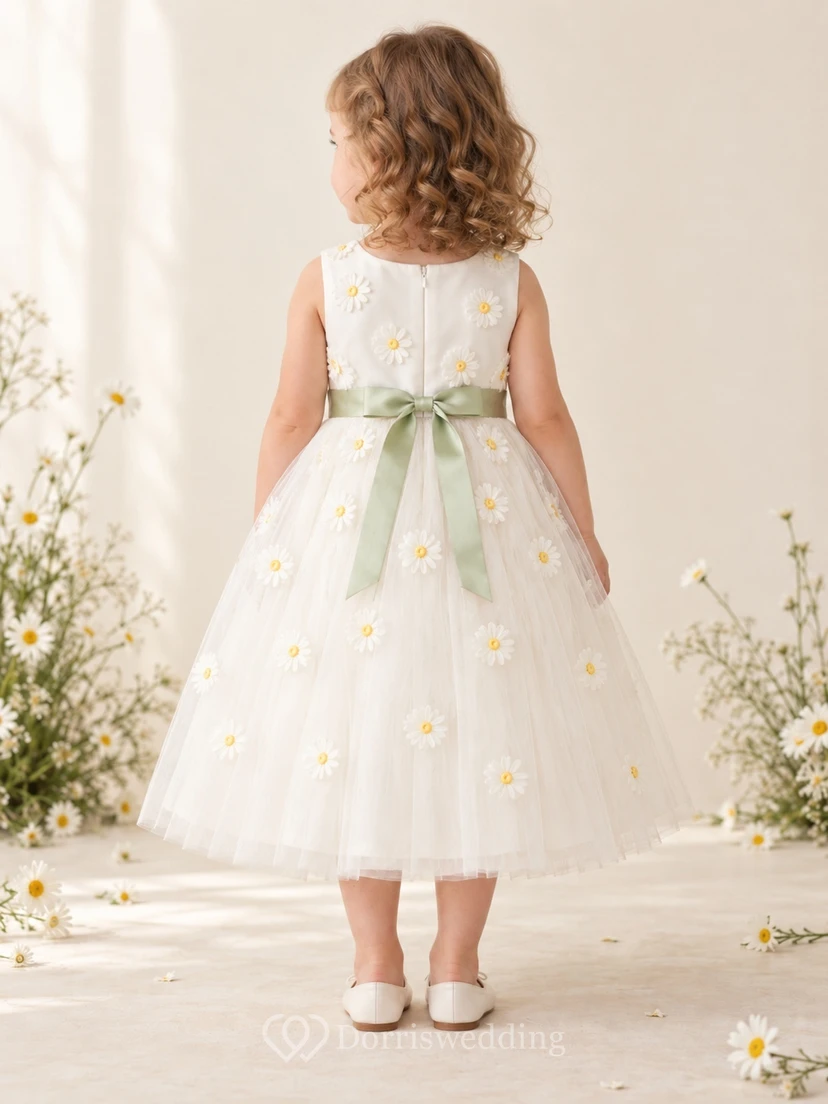 Tea-length Ivory Floral Summer A-line Tulle Sleeveless Green-sashed Flower Girl Dress view 2