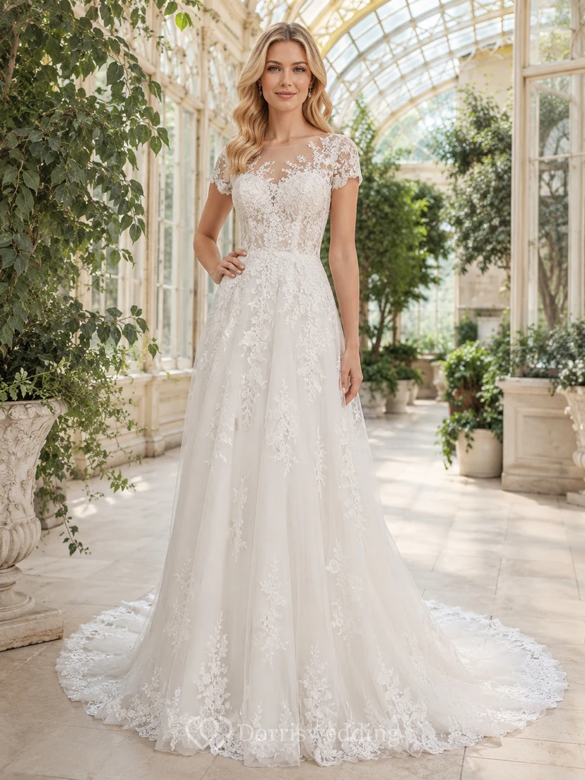 Robe de mariée romantique longue jusqu'au sol, coupe trapèze, manches courtes, en dentelle, traîne chapelle, style jardin