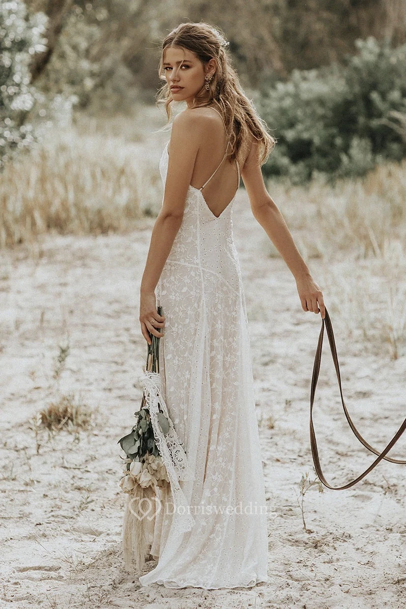 Sheath Lace Spaghetti V-neck Wedding Gown With Straps And Open Back view 2