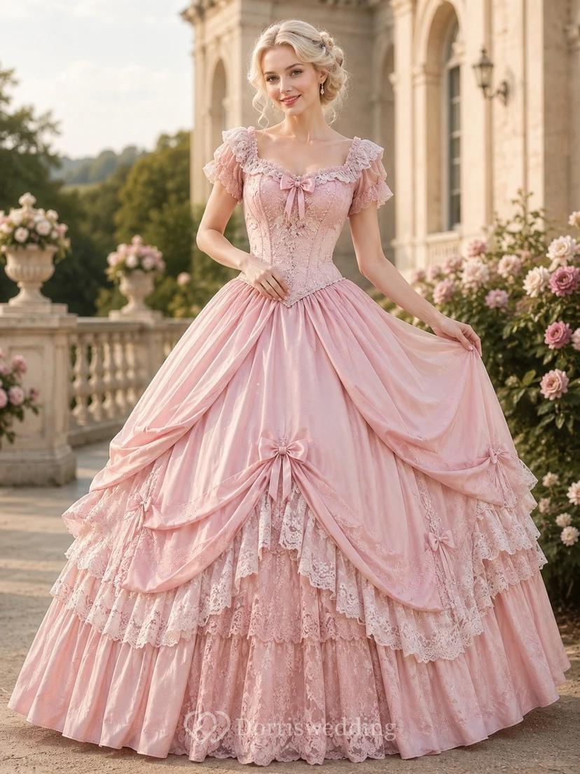 Blush Victorian Off-the-Shoulder Short Sleeve Ruffled Ball Gown Dress