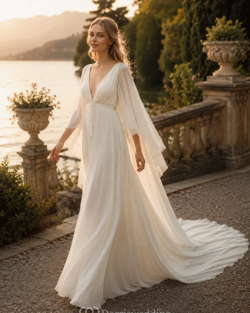 Brautkleid im griechischen Stil aus Chiffon mit tiefem Ausschnitt, langen Ärmeln und Watteau-Schleppe im Fairy Empire-Stil. view 2