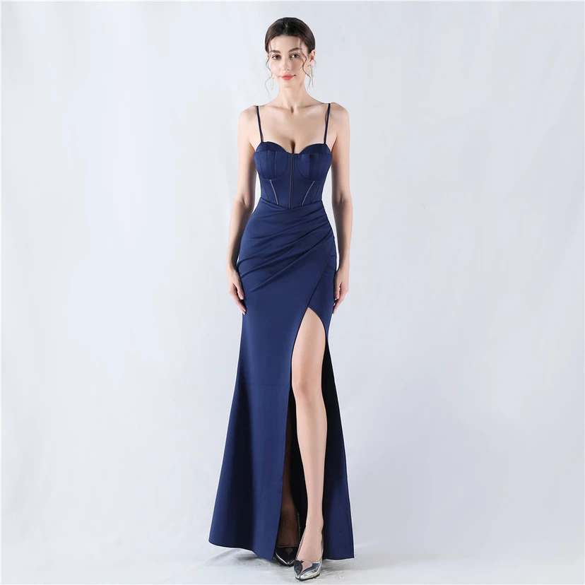 Fishbone Waist Strap Satin Host Meeting Evening Dress view 55