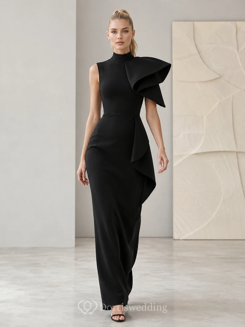 Black High Neck Sculptural Ruffle Shoulder Floor Length Dress