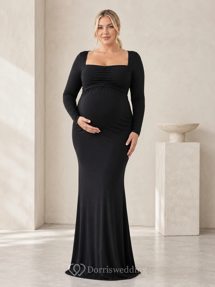 Black Square Neck Long Sleeve Plus Size Sheath Stretch Maxi Dress
