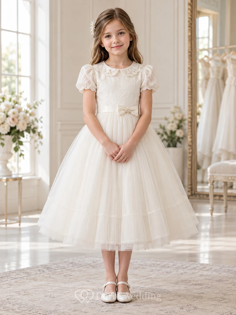 Tea-length Vintage Ivory A-line Lace Tulle Collared Puff-sleeve Flower Girl Dress