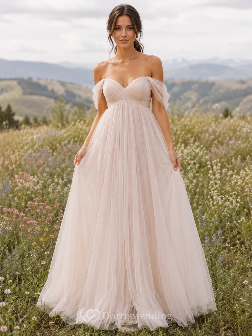 Romantisches schulterfreies Empire-Kleid aus Tüll mit Wildblumenmuster für eine romantische Hochzeit