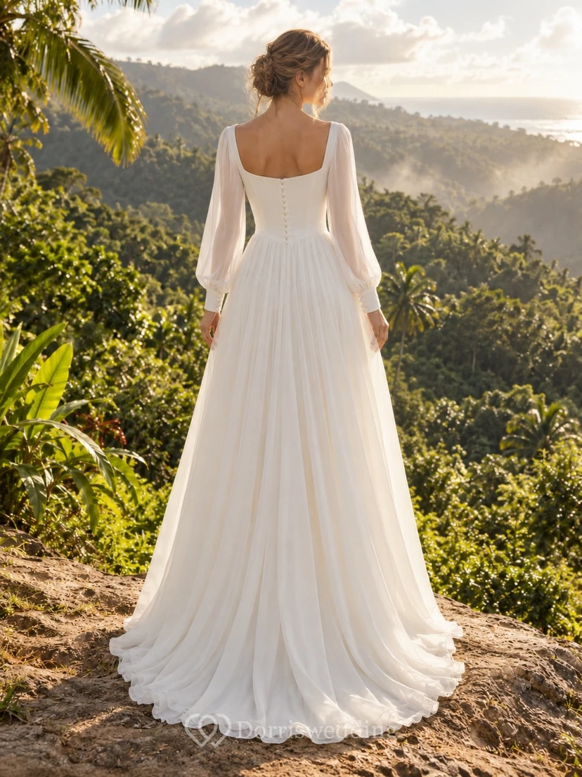 Chiffon-Brautkleid mit eckigem Ausschnitt, langen Ärmeln, Knopfleiste am Oberteil und A-Linien-Schleppe view 2