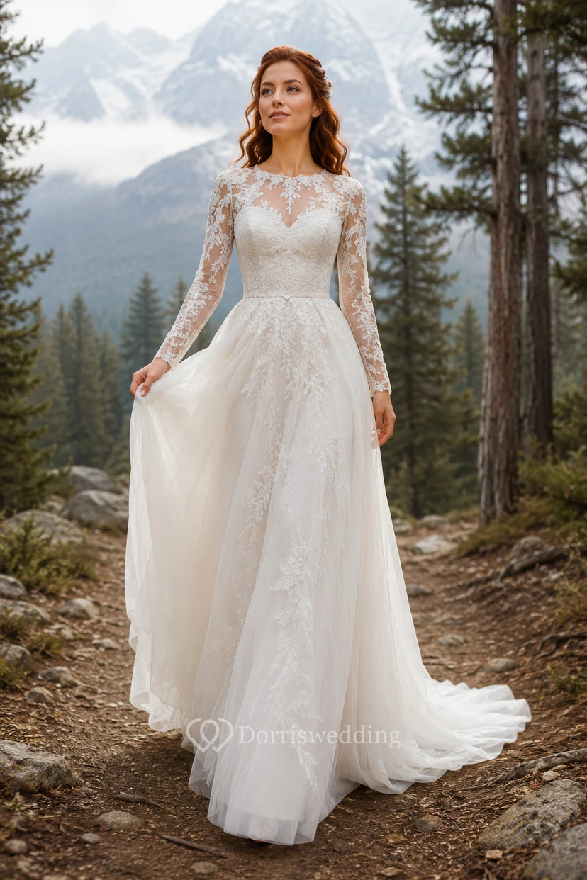 High Neck Long Sleeve A-Line Wedding Dress
