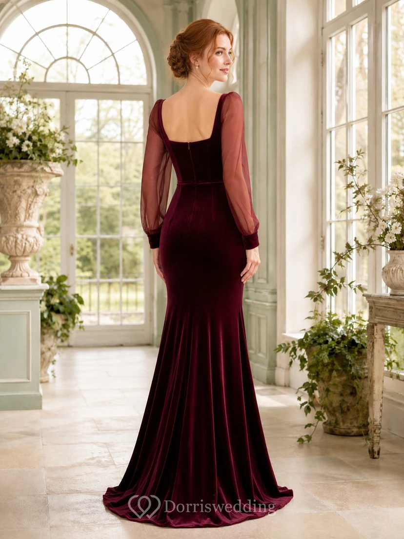 Burgundy Vintage Velvet Square Neck Illusion Long Sleeve Mermaid Floor-length Elegant Gown view 2