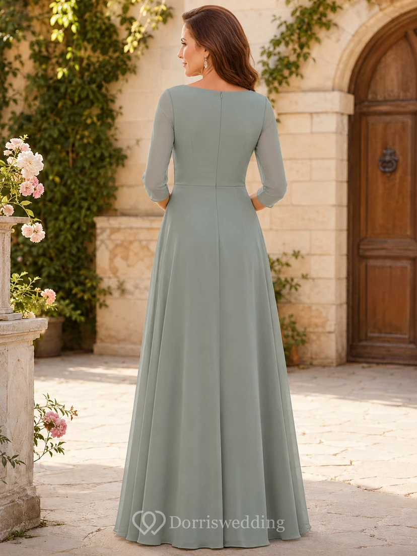 Dusty Sage Floor-Length A-Line Modest Mother of the Bride Gown with Bateau Neck and Three-Quarter Sleeves view 2