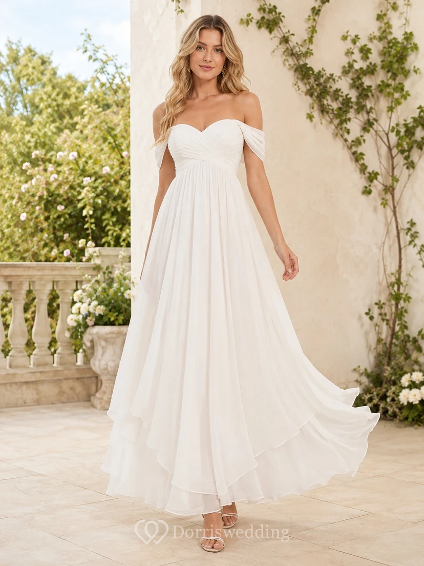 Teelanges, schlichtes, schulterfreies, romantisches Sommerkleid aus Chiffon in A-Linie
