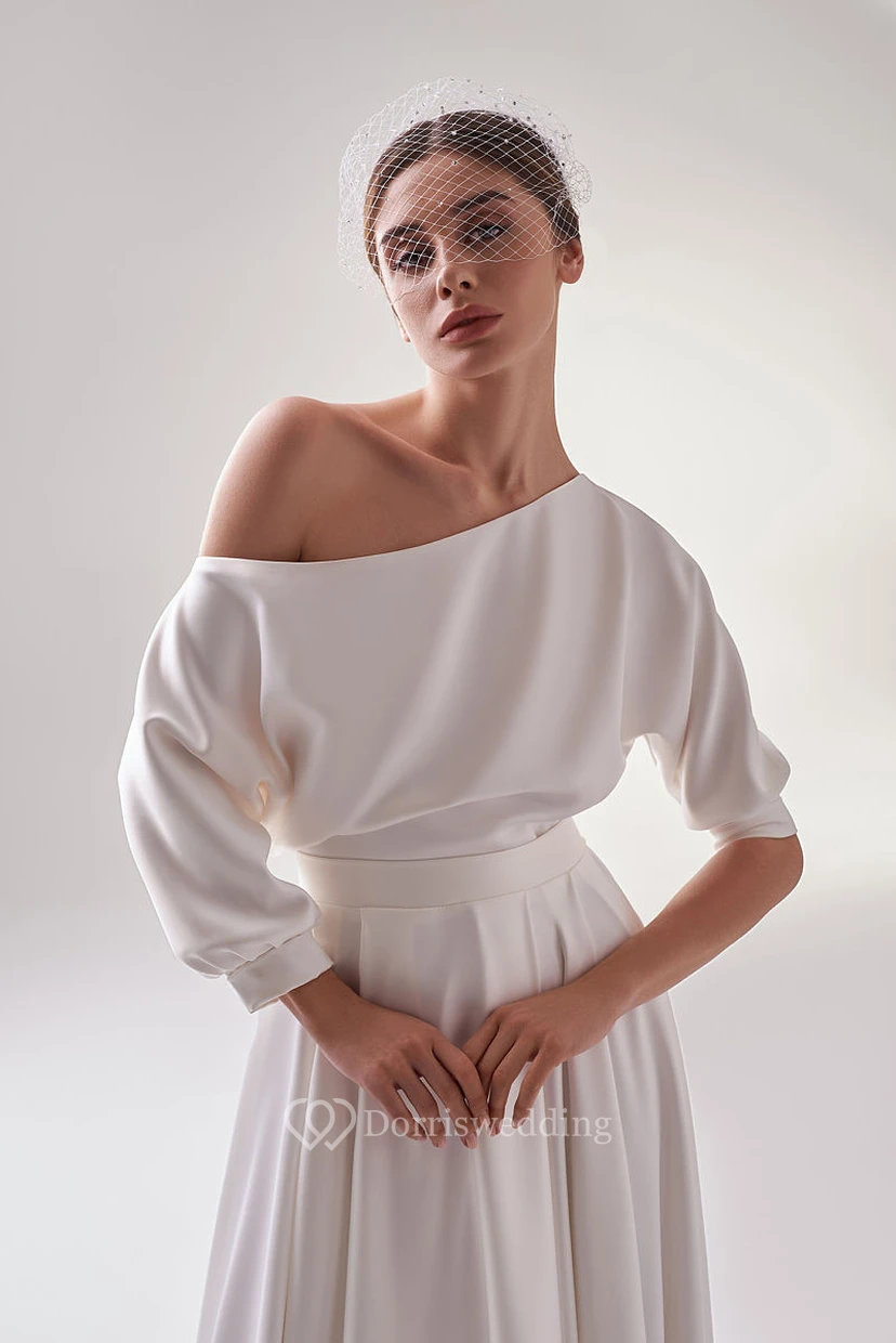 Schlichtes Chiffon-Hochzeitskleid mit Rundhalsausschnitt und halben Ärmeln view 5