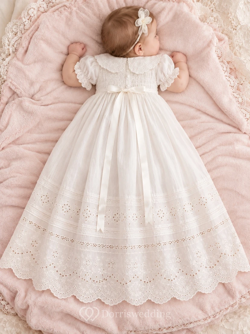 Ivory Lace Collar Puff Sleeve Smocked Eyelet Baby Baptism Gown view 2