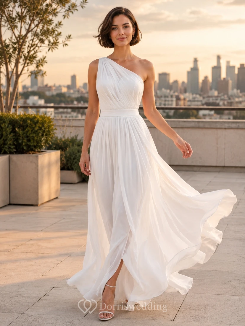 White Chiffon One-Shoulder Sleeveless A-Line Floor-length Flowing Dress