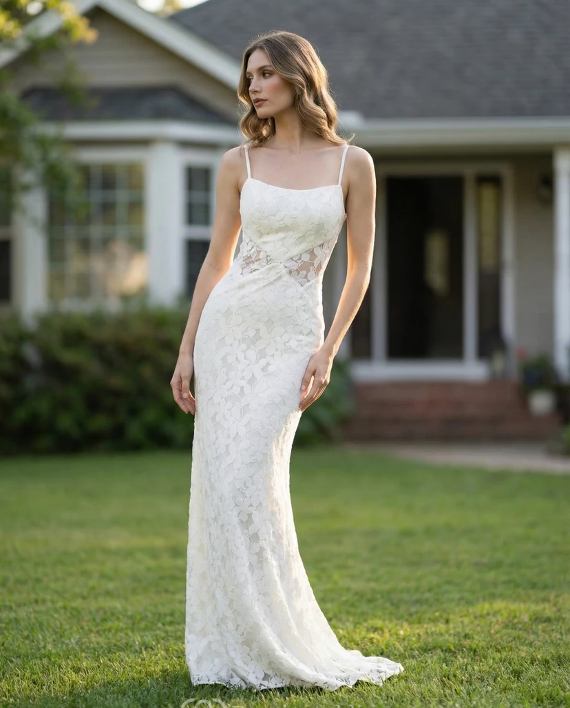 Robe de mariée fourreau longue en dentelle pour une tenue décontractée à la plage