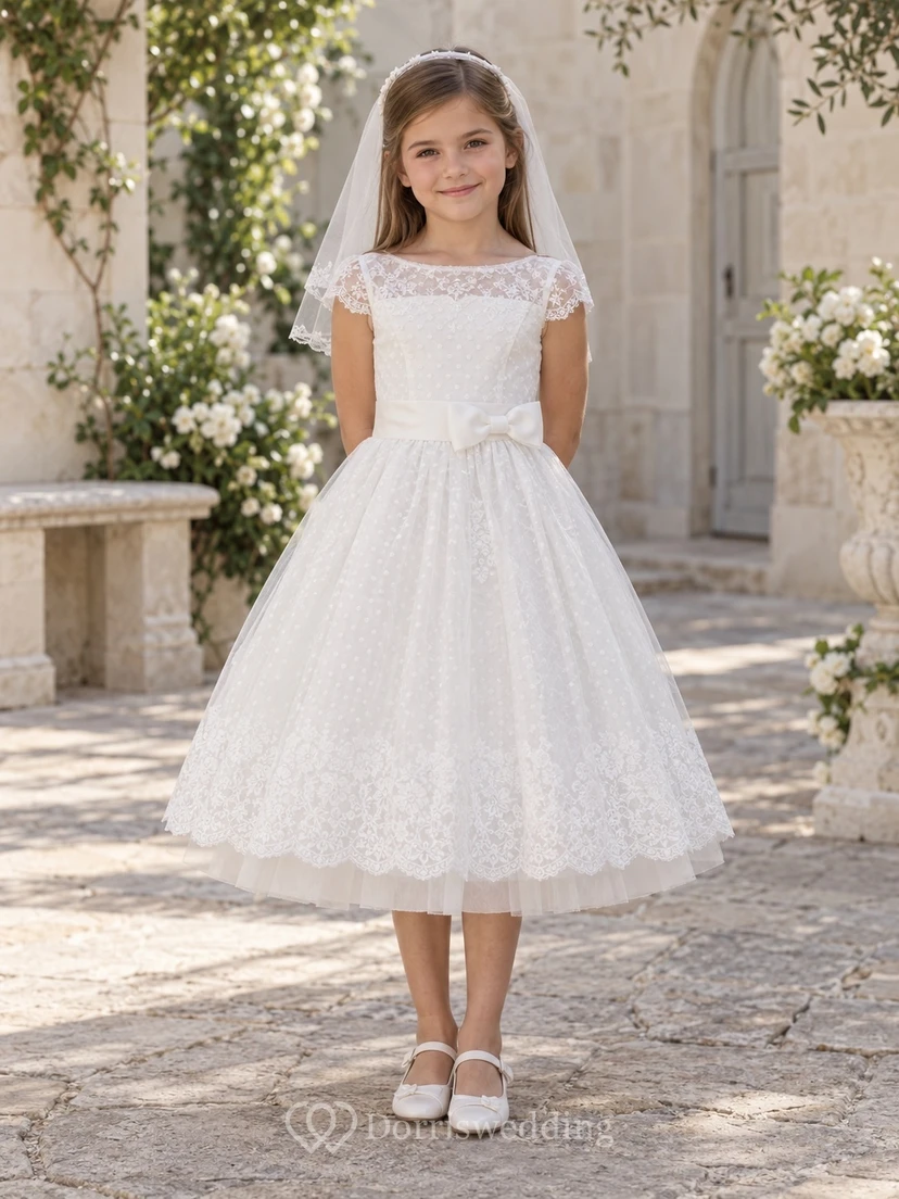 White Tea-length Bateau Cap Sleeve Lace Tulle First Communion Dress