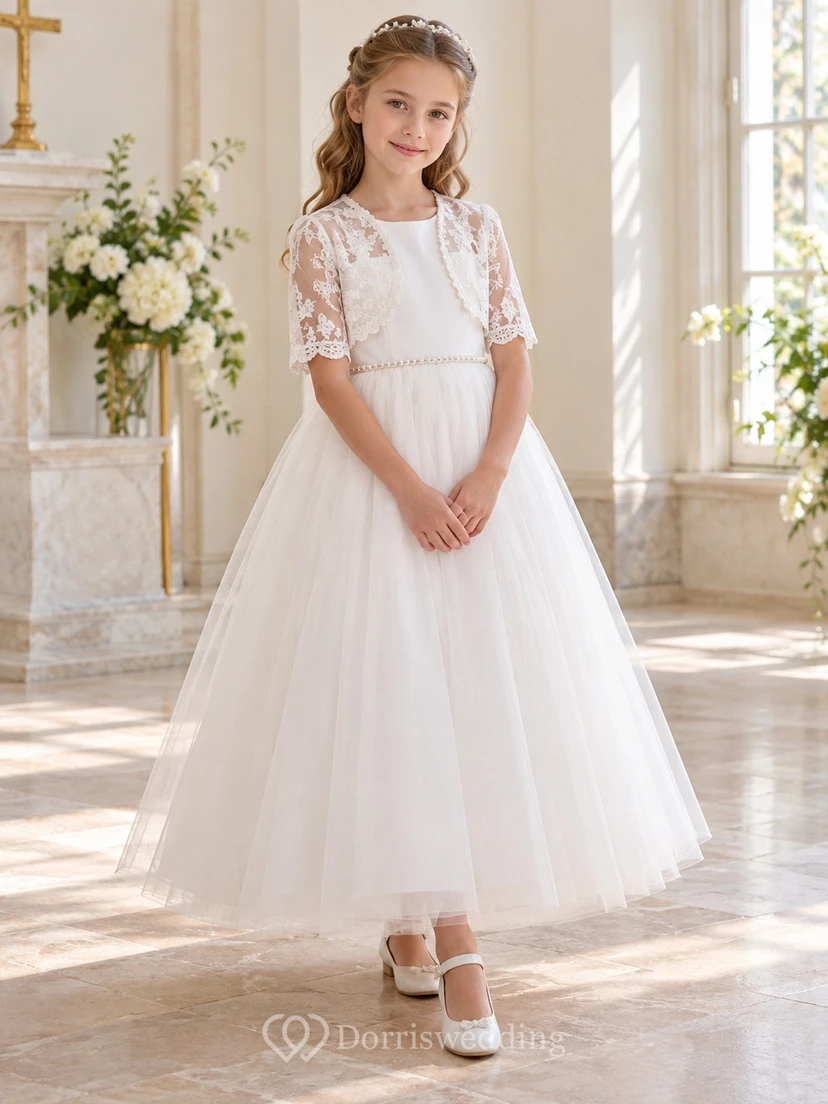 Modest White Ankle-length Half Sleeve Lace Bolero Gathered Tulle Communion Dress