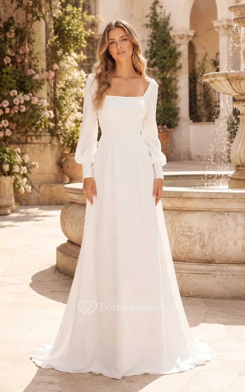 Weißes, eckiges Ausschnitt-Brautkleid mit langen Ärmeln in A-Linie view 2