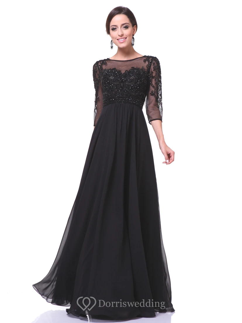 A-Line Floor-Length Bateau Half Sleeve Chiffon Illusion Dress With Beading