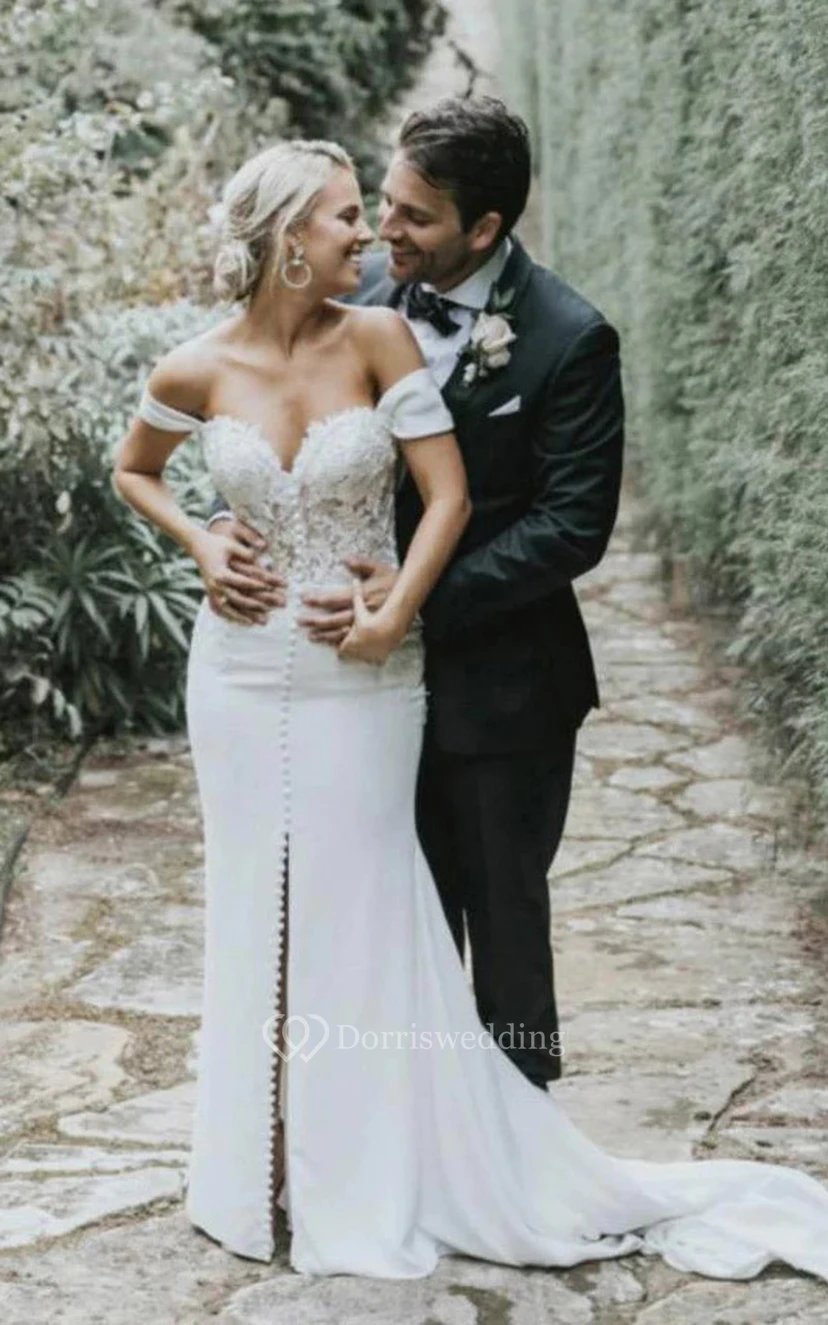 Off-the-shoulder Sheath Front Split Applique Beach Wedding Dress with Sweep Train