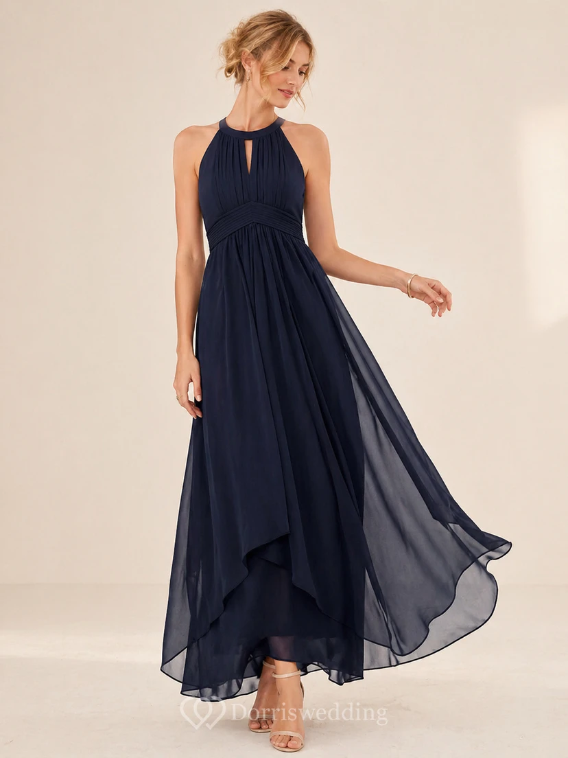Elegant Burgundy Chiffon Halter Neck Evening Gown with Flowing High-Low Hem view 10