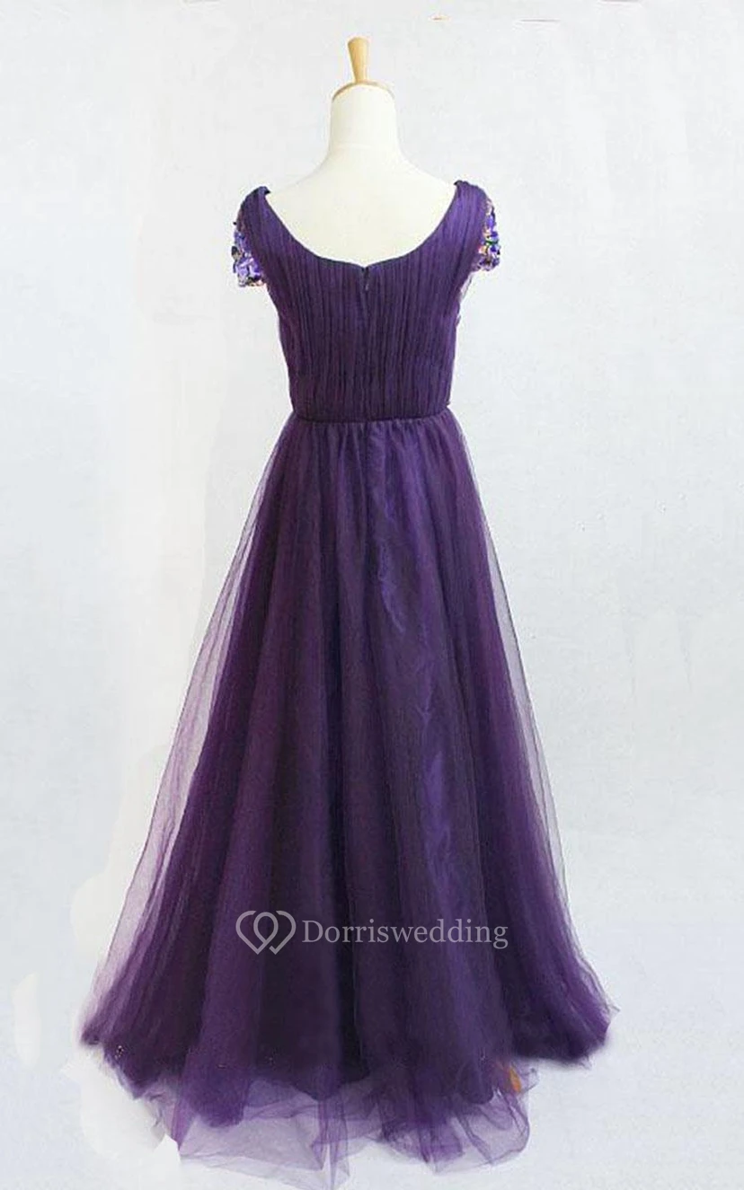 Short-sleeved A-line Scoop Neck Gown with Sequins view 2