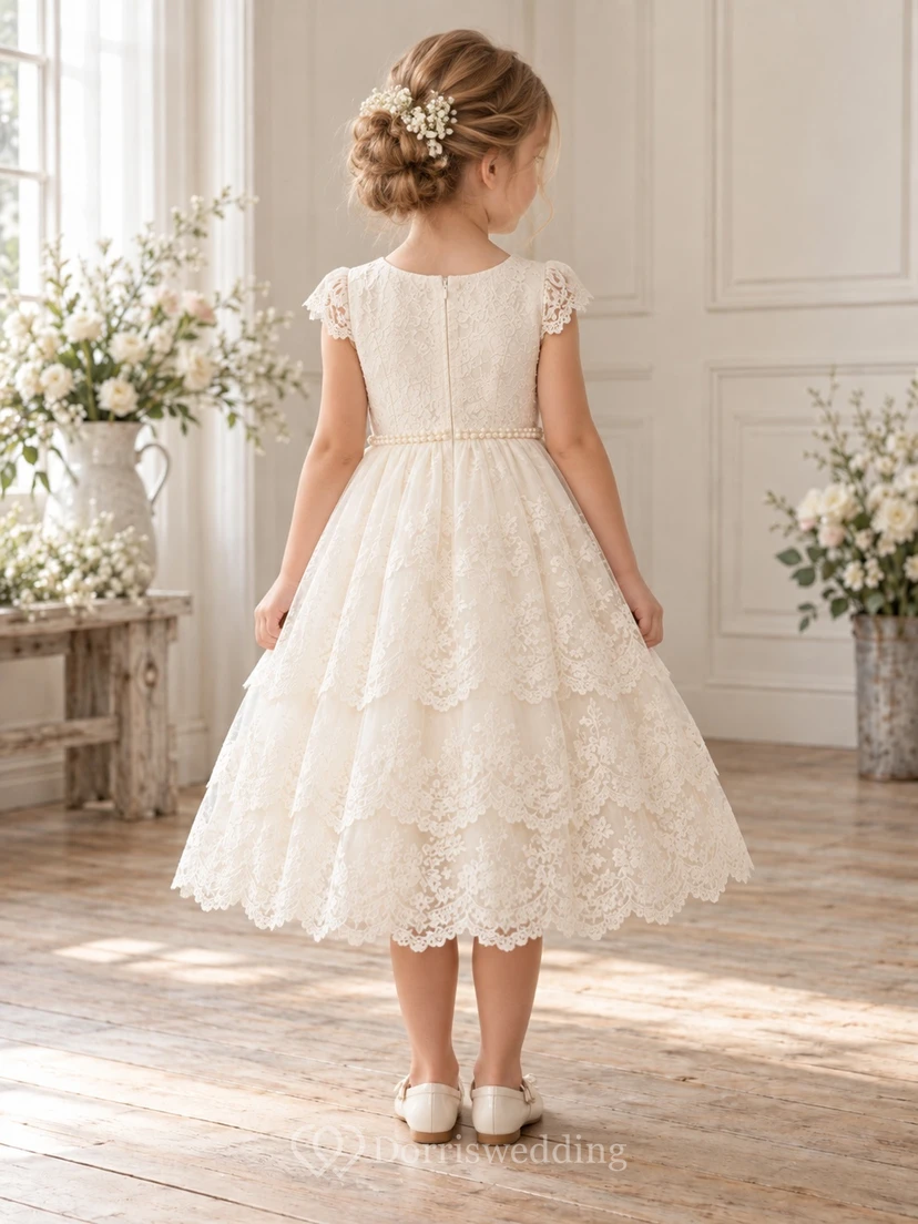 Teelanges elfenbeinfarbenes Sommerkleid mit Blumenmuster, A-Linien-Schnitt, Spitzenärmeln und Muschelsaum für Blumenmädchen view 2