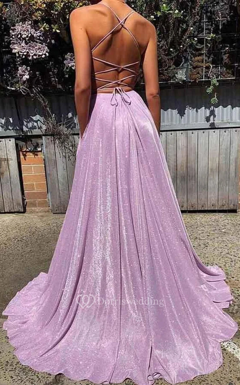 Sexy Plunged Spaghetti Empire A-line Sweep Train Evening Prom Dress view 2