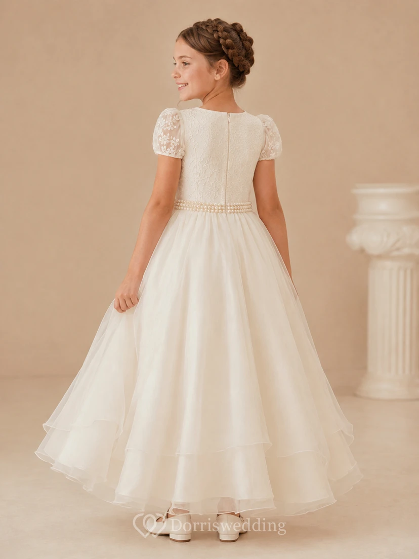 Elfenbeinfarbenes, perlenbesetztes Tüllkleid mit Rundhalsausschnitt, kurzen Puffärmeln, Perlengürtel und bodenlangem Kommunionskleid für Blumenmädchen view 2