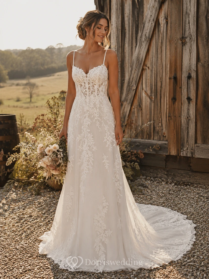 Boho Simple Lace Wedding Dress with Spaghetti Straps, Fitted Bodice & Soft Sheath Train