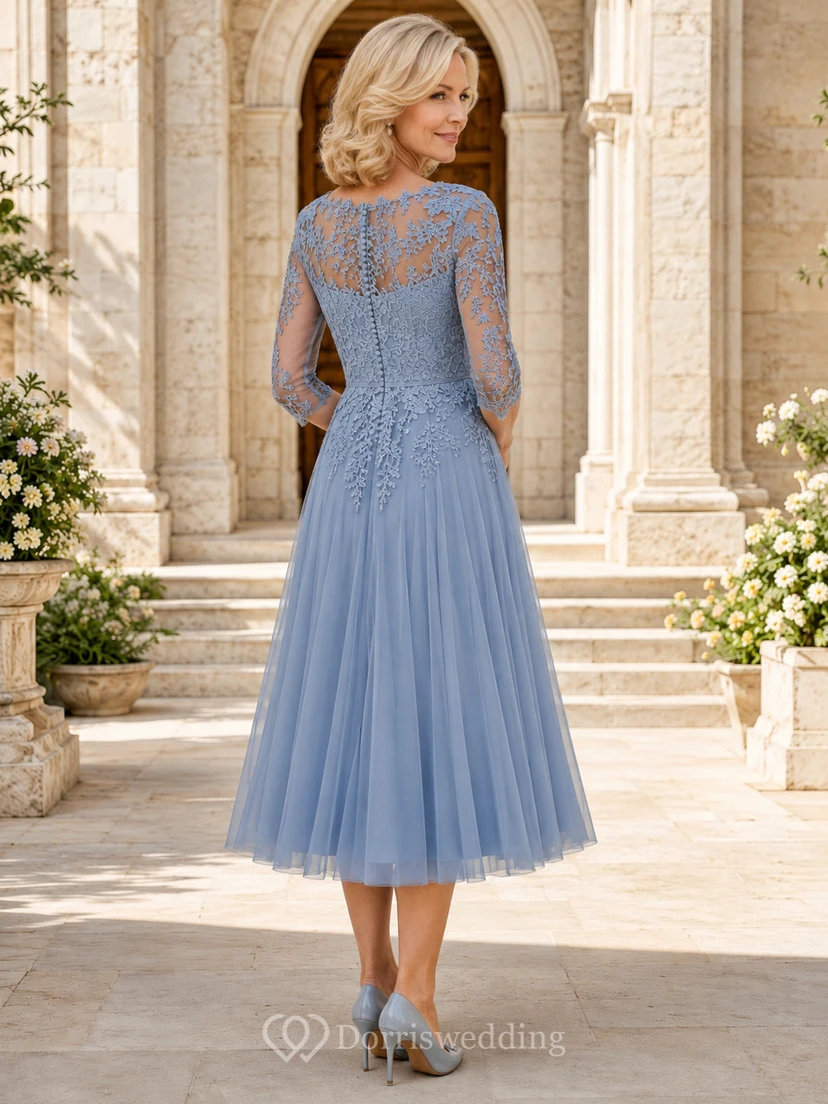 Dusty blue lace bodice tulle tea length mother dress view 2