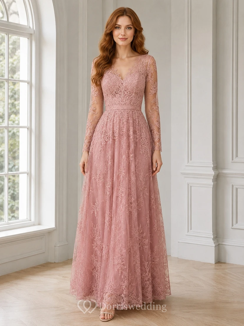 Dusty Rose Lace Jewel Neck Long Sleeve A-Line Floor-Length Romantic Bridesmaid Gown