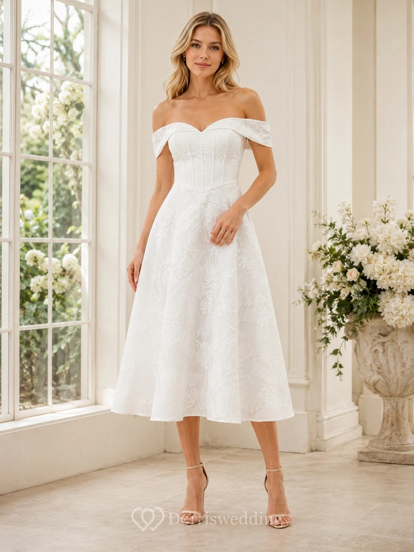 White Woven Jacquard Off-Shoulder A-Line Tea-Length Simple Guest Dress