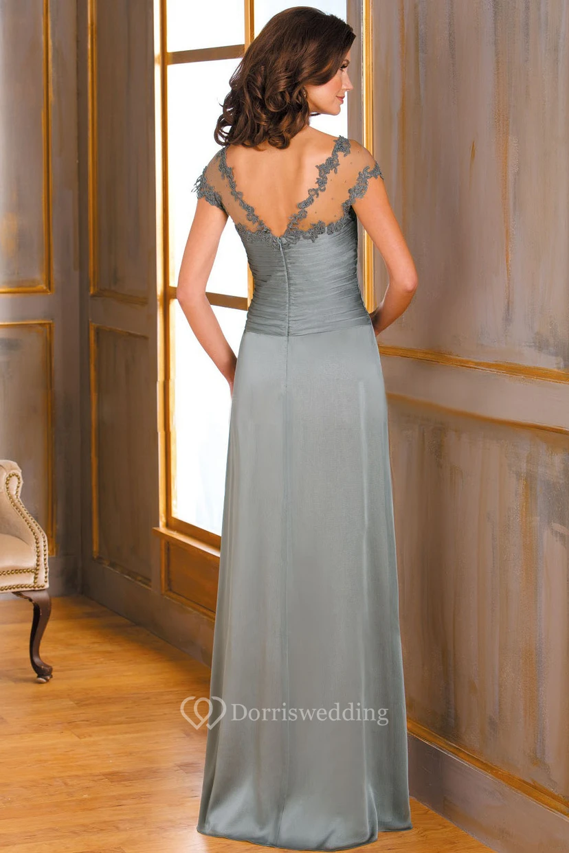 Cap-Sleeved Long Mother Of The Bride Dress With Ruffles And Illusion Appliqued Neck view 2