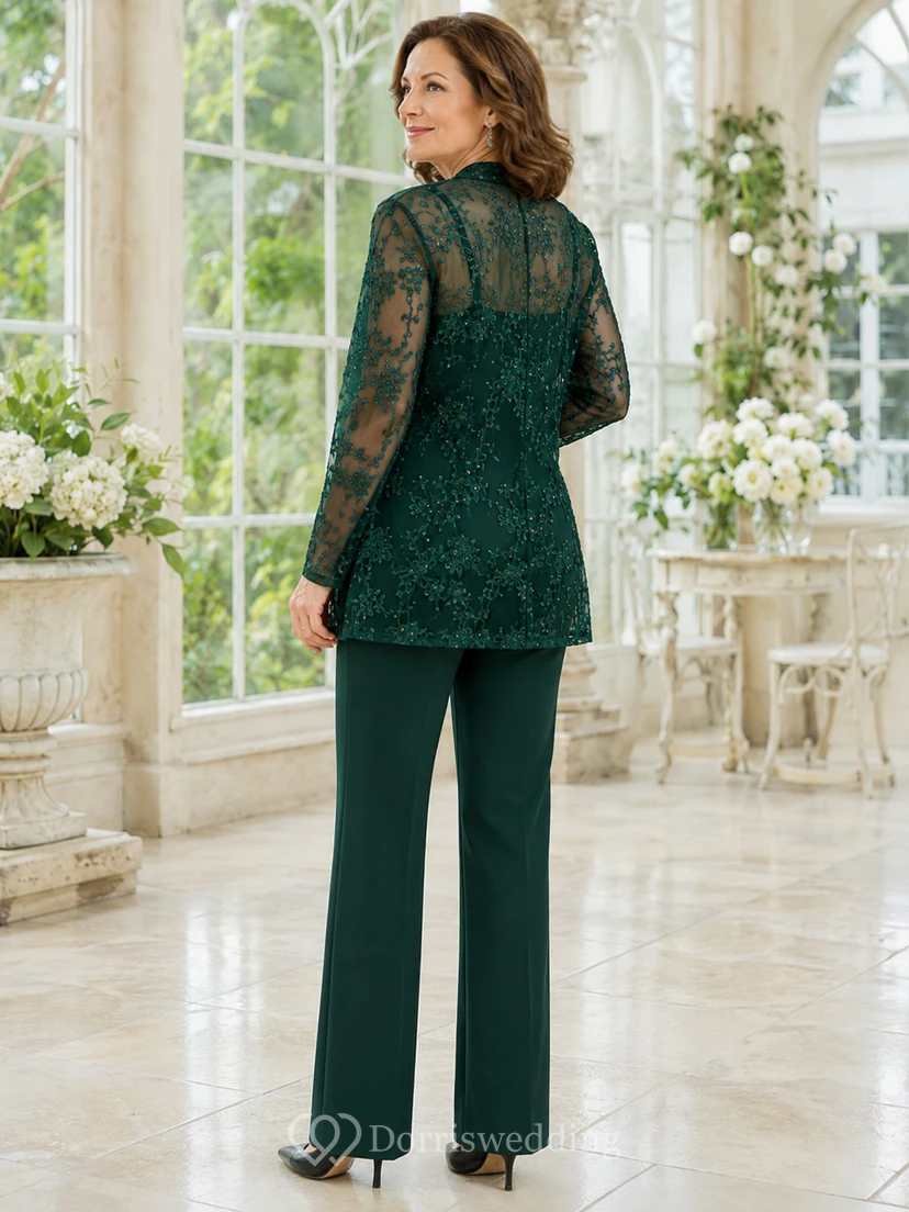 Mono verde oscuro con encaje Evergreen, largo hasta el suelo, cuello en V, manga larga, gasa, vestido modesto para madres. view 2