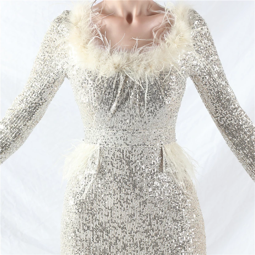 Craft-Made Ostrich Feather Long-Sleeved Beads Evening Dress view 52